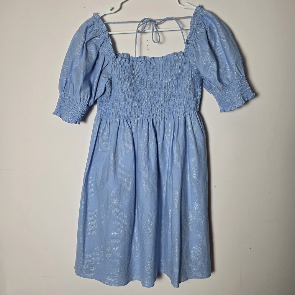 Hill House Home Blue Nap Dress Medium Puff Sleeve Smocked Cinderella Mini Dress - Picture 2 of 5